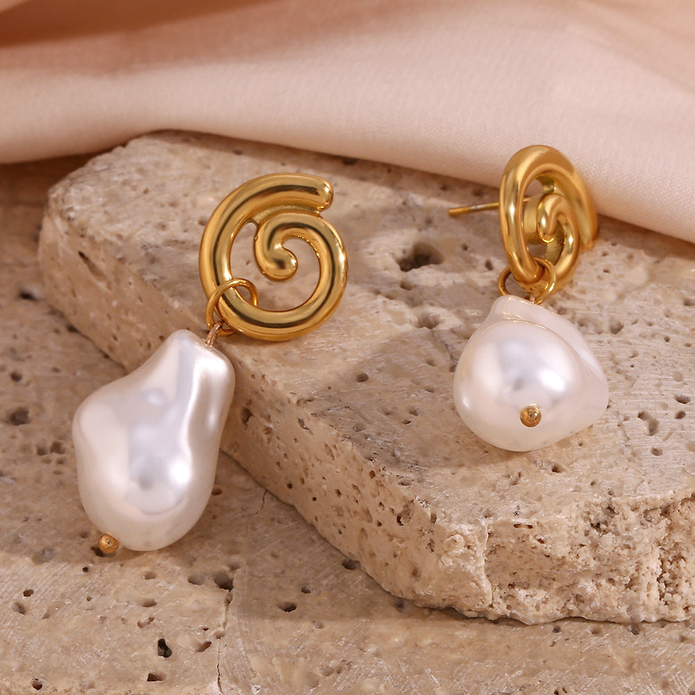 Gold Swirl Baroque Pearl Drop Earrings – Artistic Elegance