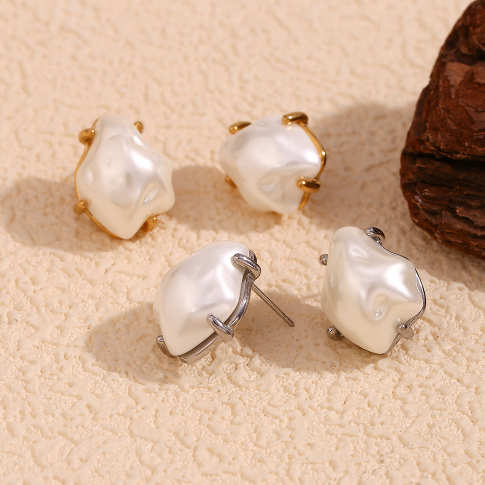 Irregular Baroque Pearl Stud Earrings - Modern Minimalist Design