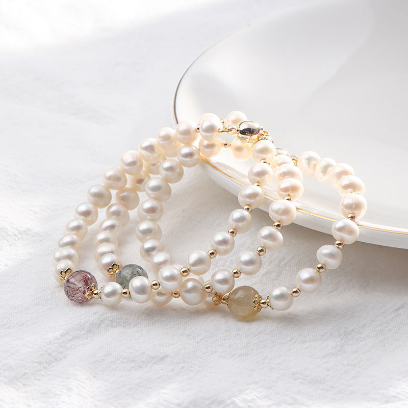 Baroque Freshwater Pearl & Colorful Rutilated Quartz Bracelet – Adjustable Elegance