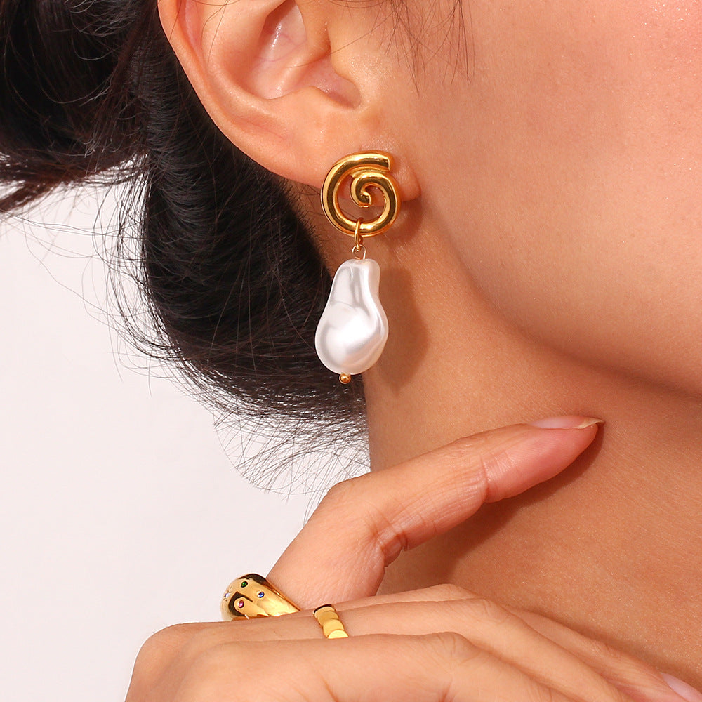 Gold Swirl Baroque Pearl Drop Earrings – Artistic Elegance