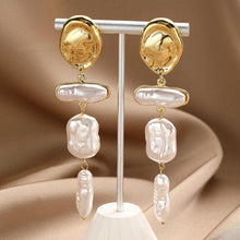 Gold Abstract Segmented Drop Earrings with Rectangular Pearl - Baroqueluck