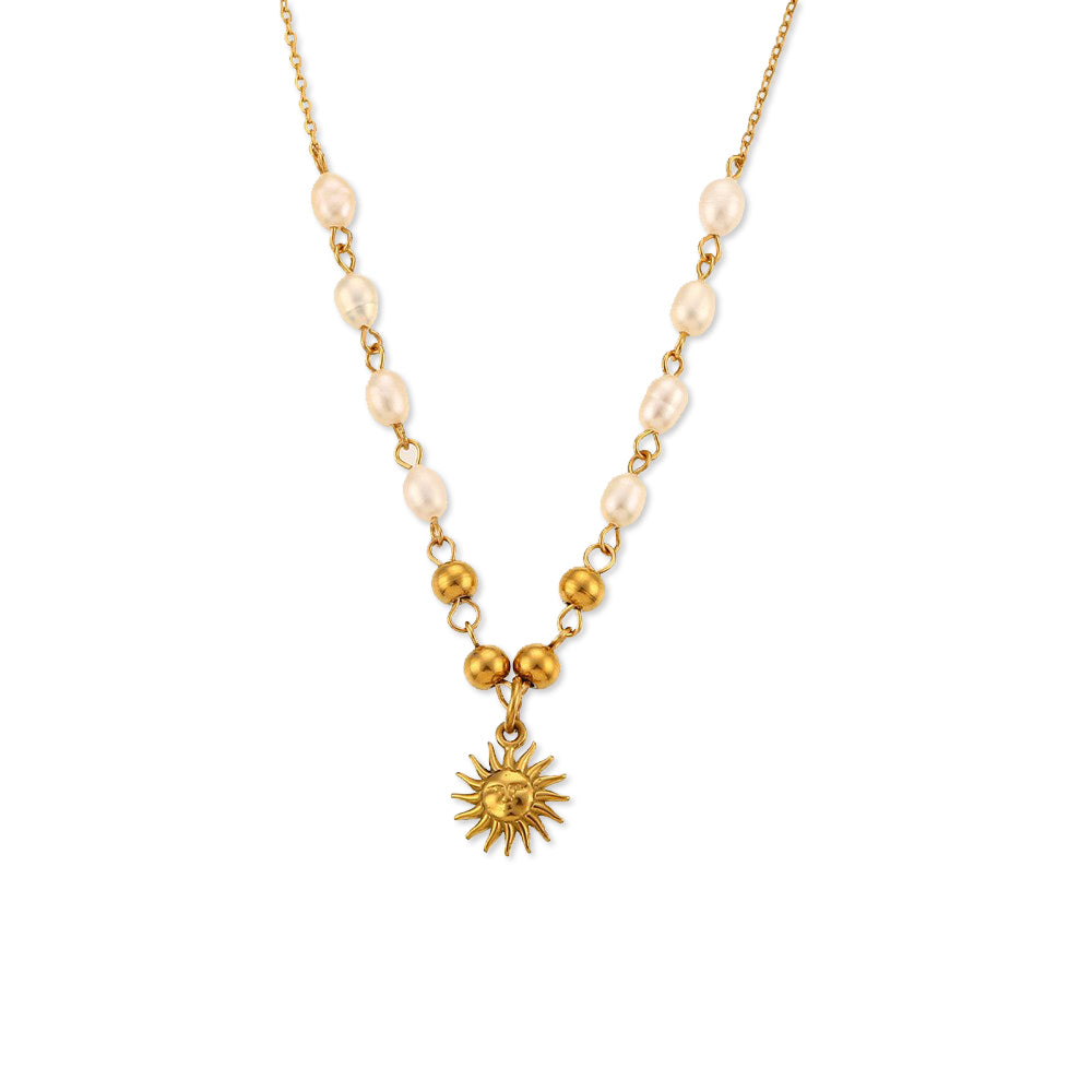 Freshwater Baroque Pearl Necklace with Golden Bead Chain and Sun Pendant