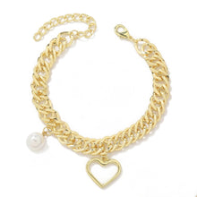 Gold Chain Bracelet with Hollow Heart & Single Pearl - Baroqueluck