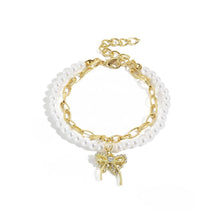 Gold Double Bracelet Set with Bow & Baroque Pearl - Baroqueluck