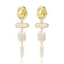 Gold Abstract Segmented Drop Earrings with Rectangular Pearl - Baroqueluck